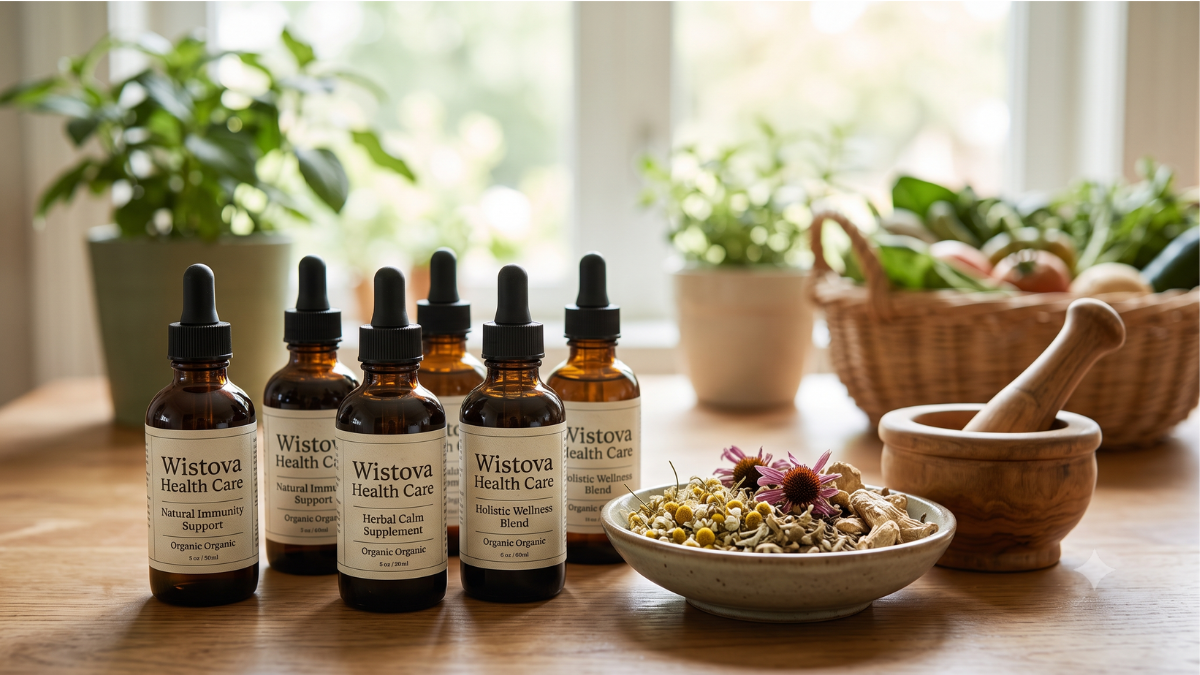 A calm person holding a warm cup of herbal tea next to Wistova Health Care natural supplements, symbolizing stress relief.